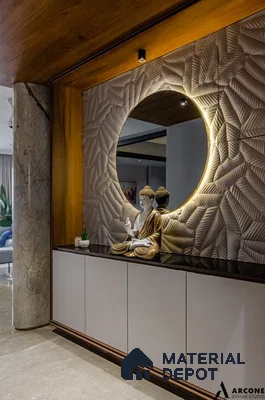A bathroom with a large tub in the middle of it and wooden flooring next to a white wall mounted radiator on the ceiling in a wooden table next to a white counter top of a room with a